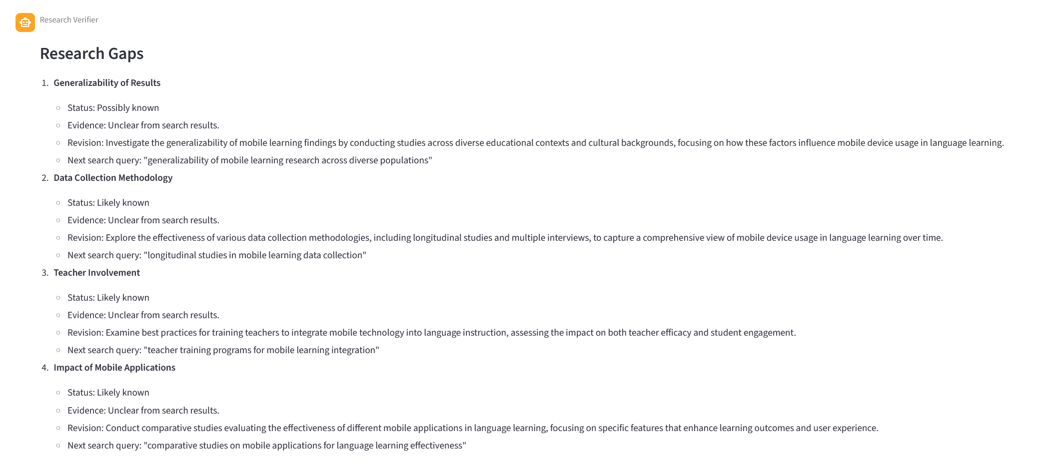 Research Verifier agent output showing web search validation of suggested research directions