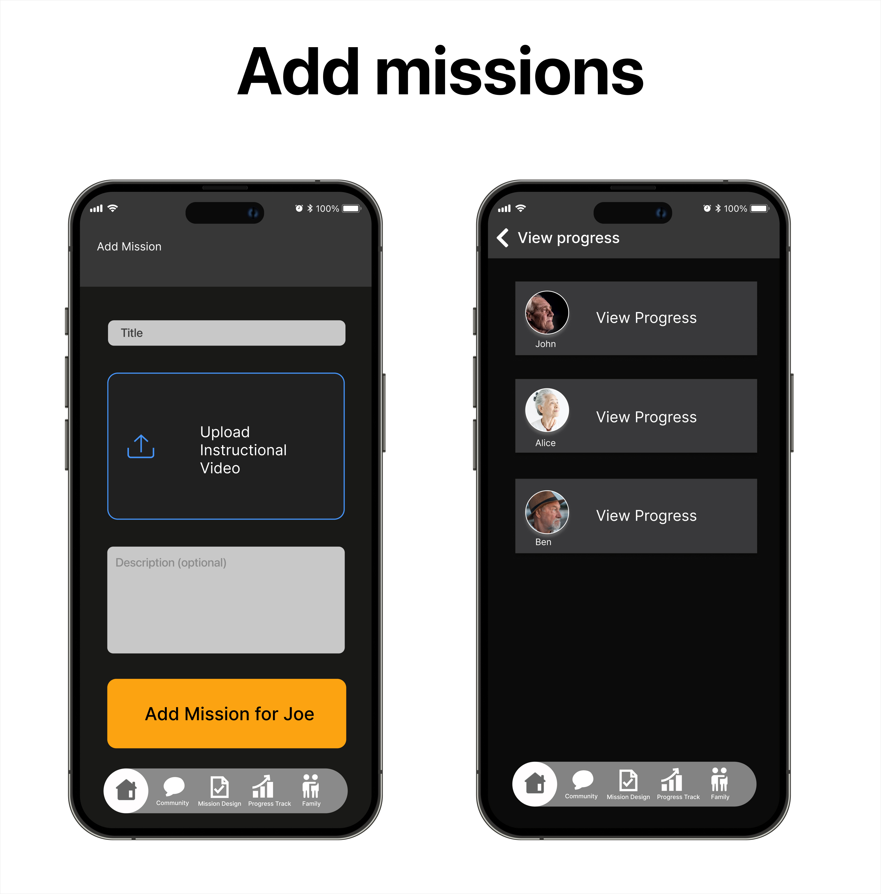 Two frames detailing how younger adults can add missions for older adults and track their progress in achieving their learning goals.