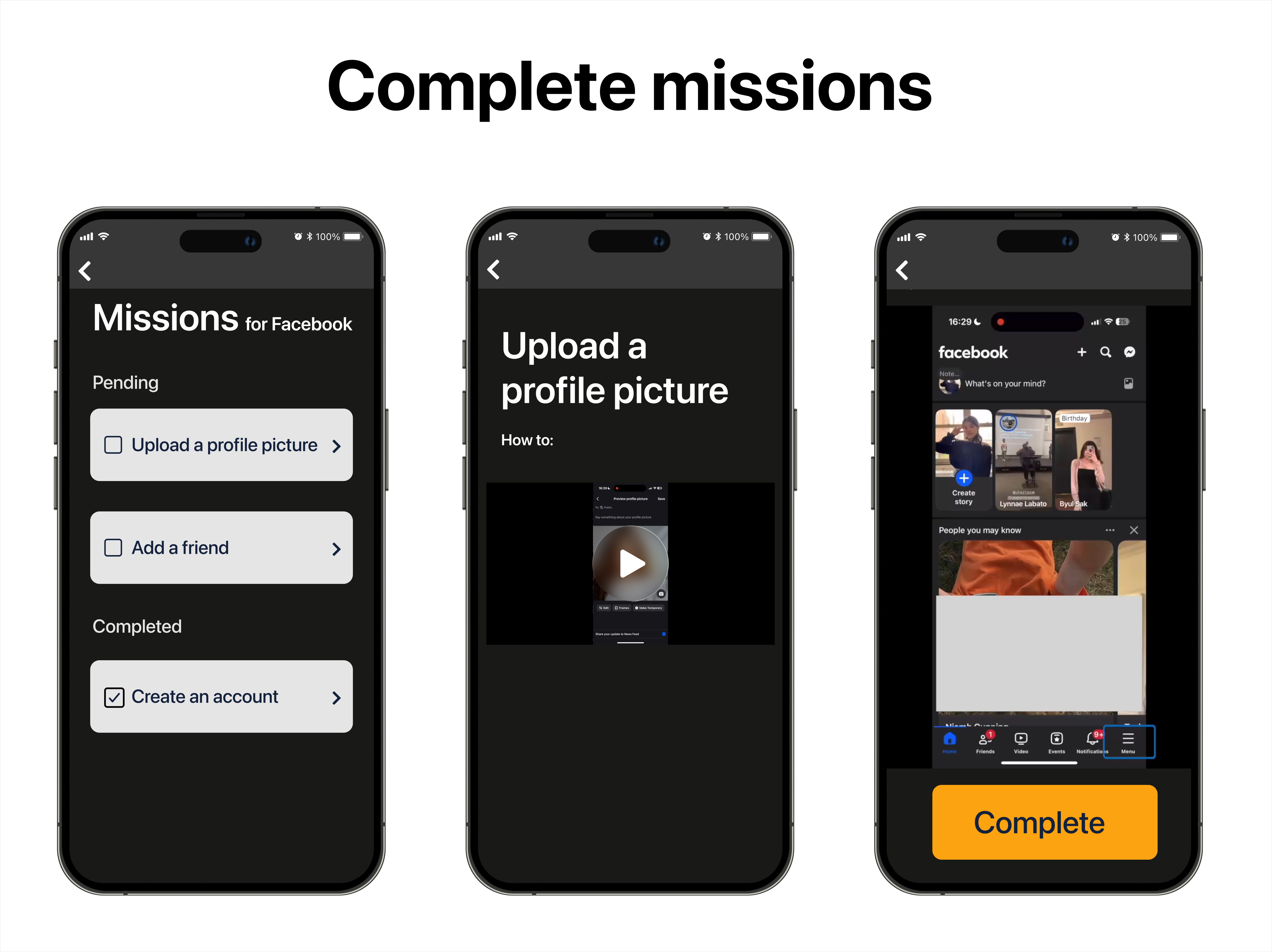 Three frames detailing how older adults can complete and revisity missions