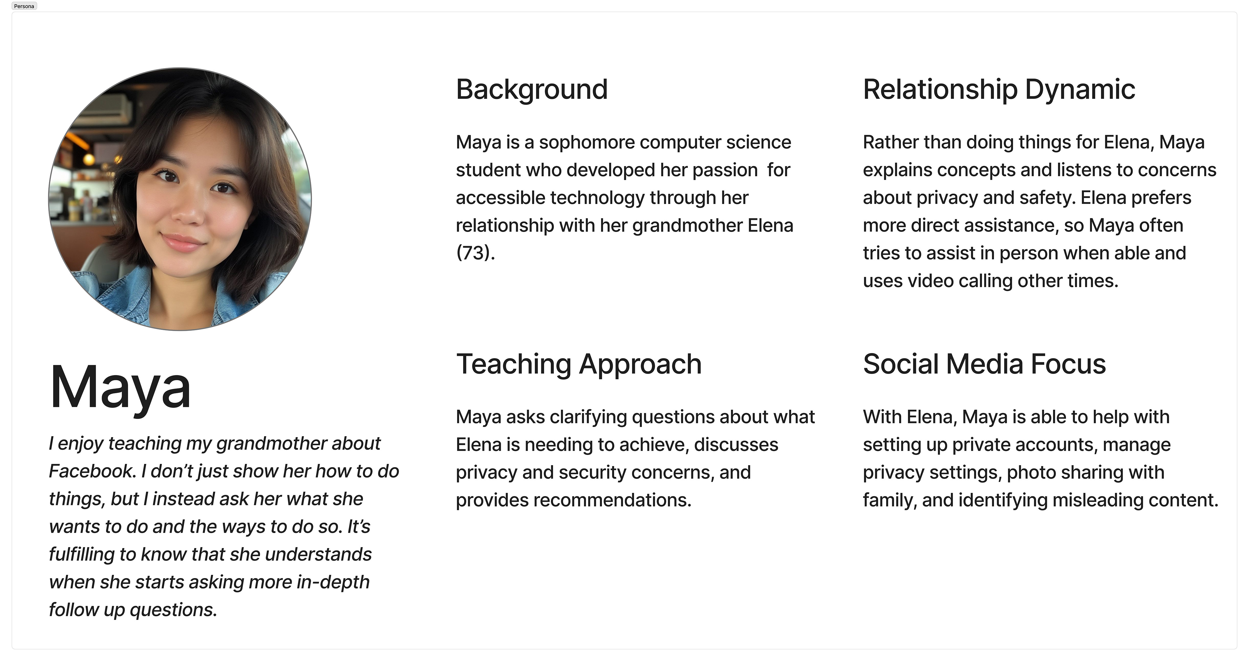 Persona detailing targeted younger adult audience