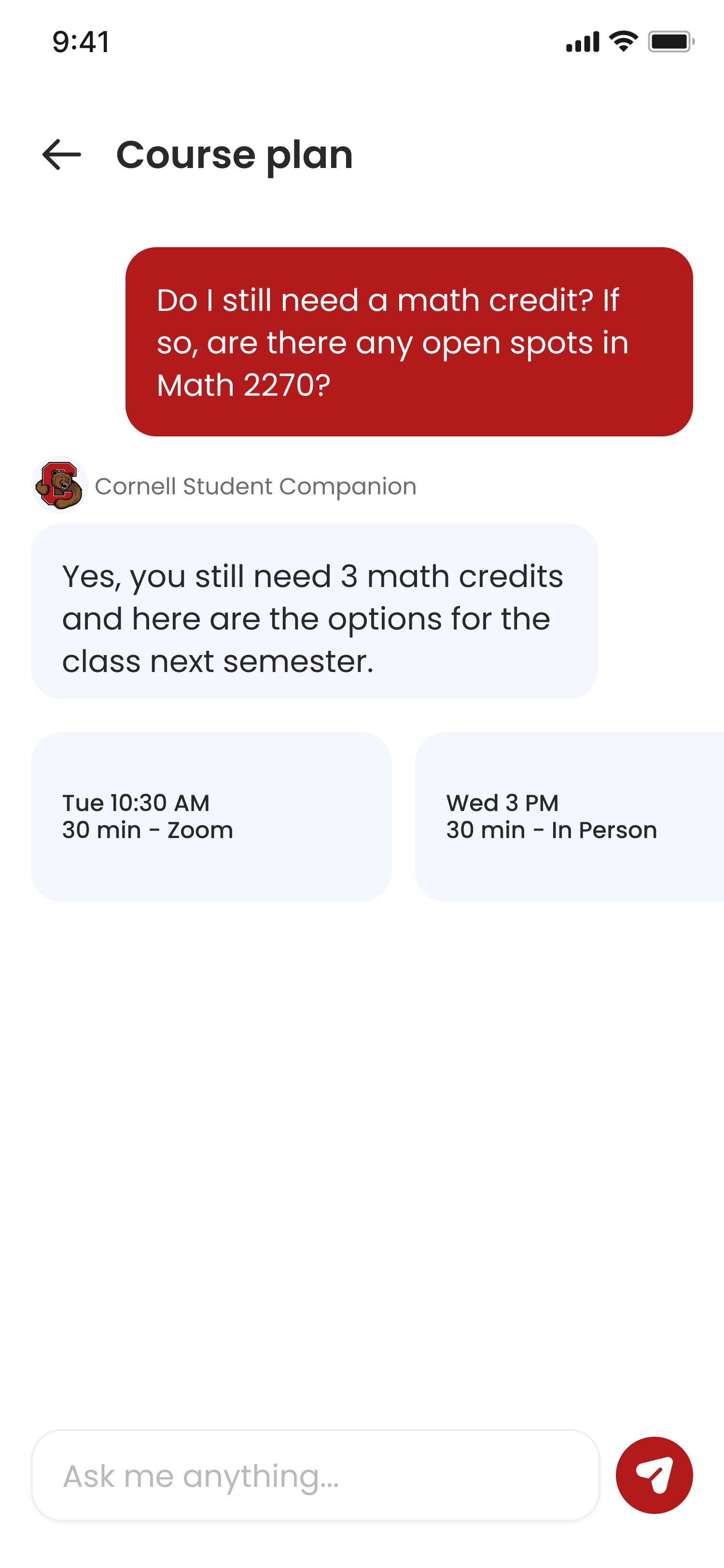 Academic Advising Active Chat Screen