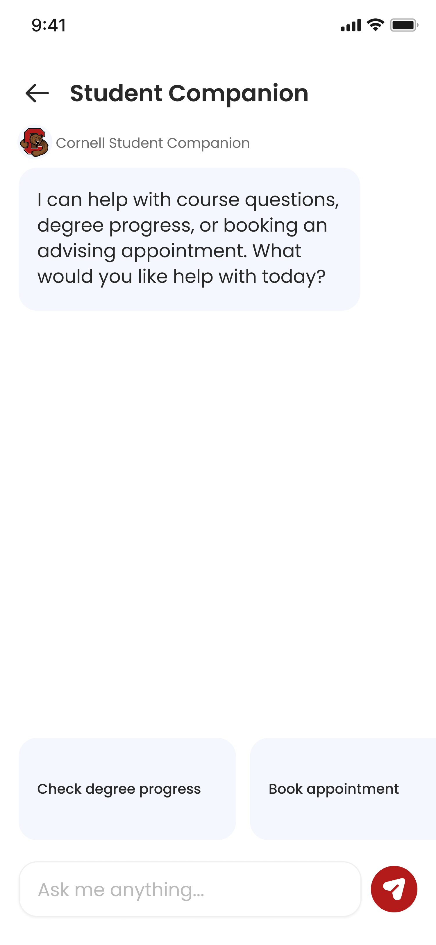 Academic Advising Chat Start Screen