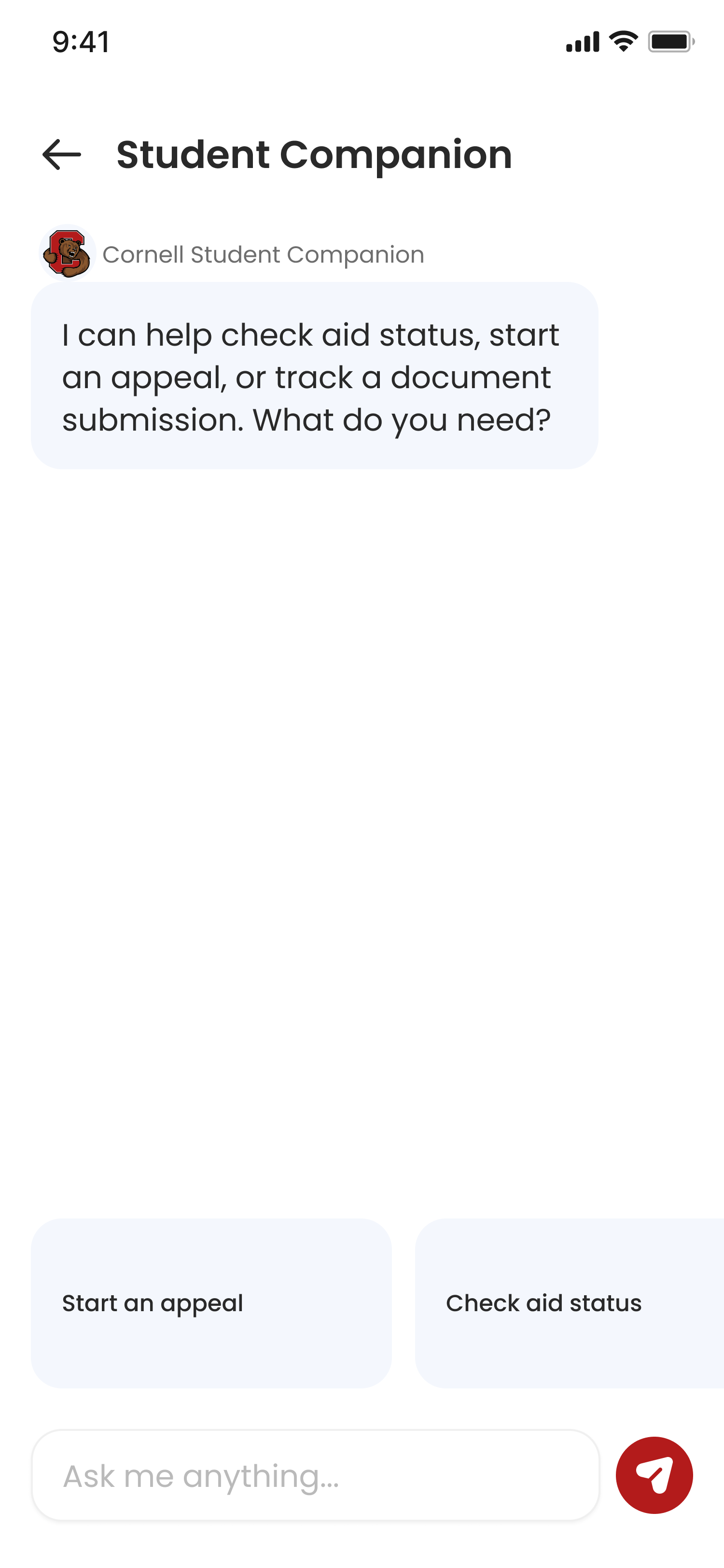 Financial Aid Chat Start Screen