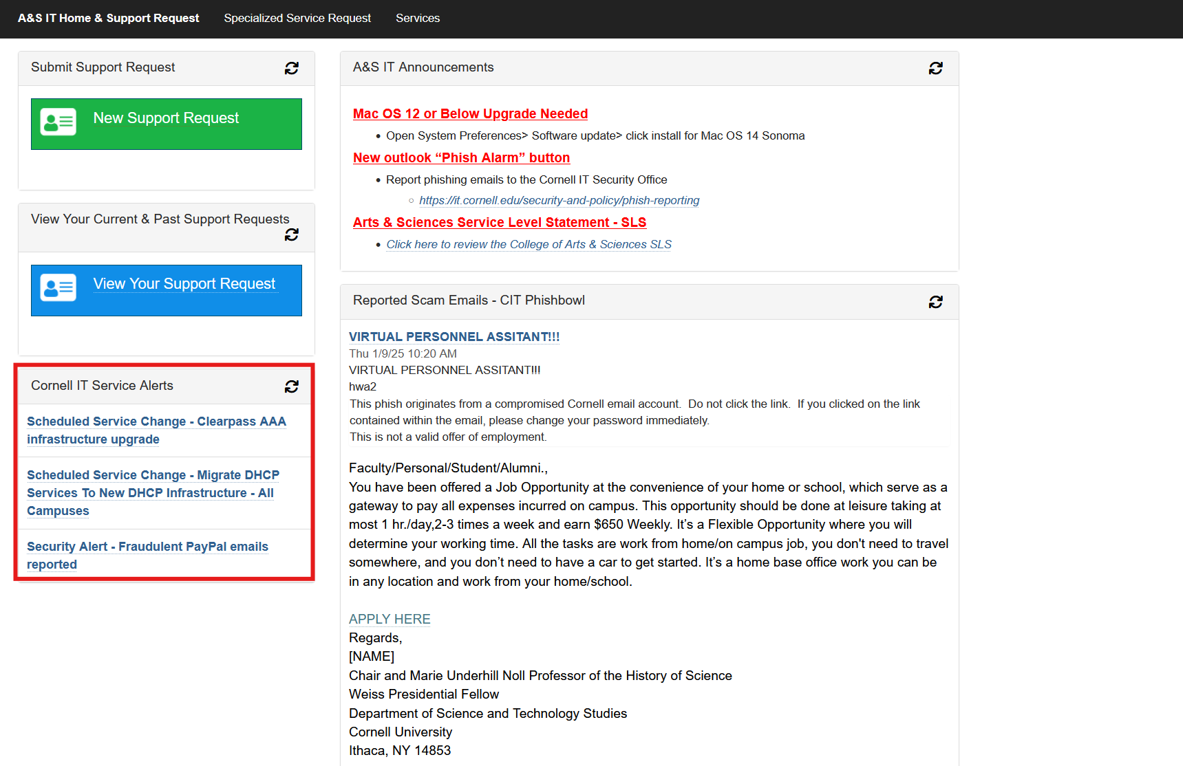 Arts & Sciences service alerts